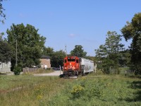 CN 580 crosses Marlborough St and heads through this overgrown portion of the Burford Spur on its way to service Ingenia.