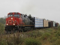 HEAHAW! The fool in the rain... I wasn't going to pass up a good looking 572 (well of course I get stuck with the single Dash-9 of the three ACR consists)... With the back of the van opened for shelter, CN 572 makes the trek South with a track warrent from Wyborn to Oba and 22 cars trailing with Tembec, Landrienne, Lecours, Eacom lumber ; Columbia Forest Products and Val Dor plywood ; Zinc from Xstrata, Dumas for Teck ; and some scrap metal for the Soo. 