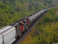On the first day of September 2014 with school starting tomorrow, detour train CN 360 is seen here passing through Hilda with the sun hiding behind the clouds, and double DPU's! Recently, 360 has been going through Toronto almost every day and almost always has double DPU's, usually being Norfolk Southern units. Speaking of NS units, I was hoping for some on this train, but oh well! This does for a first timer.