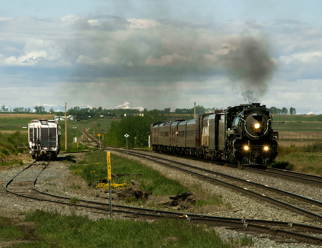 After a major shopping CP's Empress 2816 makes a test run to Bassano east of Calgary on June 6th 2010. On the eastbound trip the 2816 highballs Strangmuir siding midpoint between Calgary and Bassano.