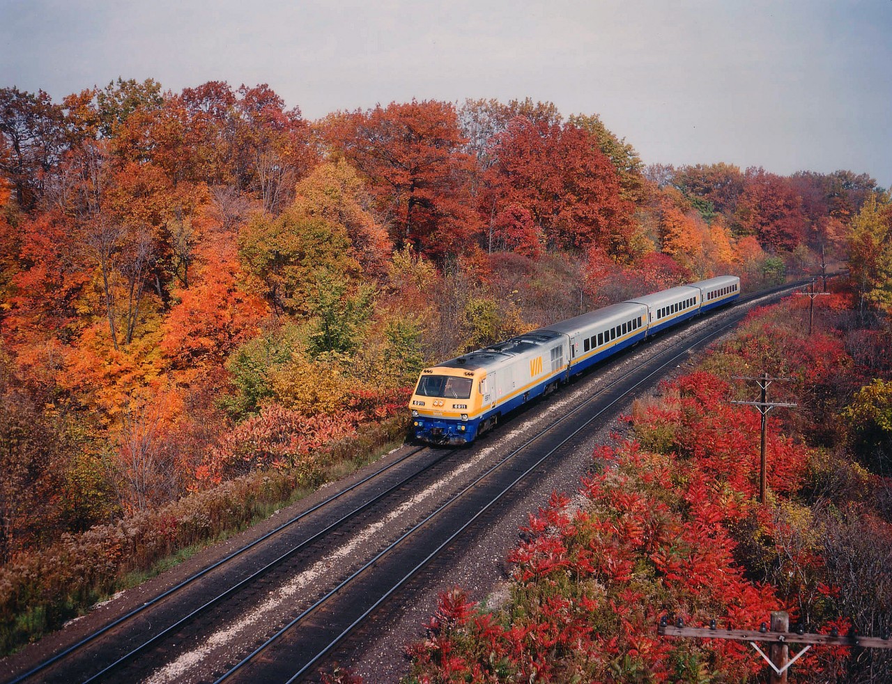 Sleek machines, these Bombardier LRCs. Too bad they were not all that reliable and, after being produced back in 1981-1982 for VIA (6900-6930) they were already retired from VIA by the end of 2002. (Toronto Railway Historical Association saved 6917) Plenty of the coaches that made up these trainsets are still in service, however. This view, from Hwy 2 Plains Road bridge out near Bayview Junction is of the poorly patronized mid-afternoon #83.  It has since been cut.