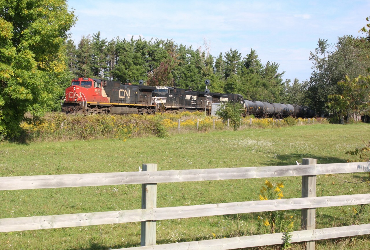 CN 360, which often requires DPU power is seen this day with all unis up front including a pair of NS units. No DPU this day. The train has just gone into emergency at Stewartown but will soon be on the move again.