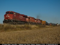 Fall is here.  The soya beans are taken off and the afternoon light is beautiful.  CP 8944, with train #241 in hand, leads 2 old SD40-2 Soldiers, numbers 5956 and 5966, west as they approach Wallace Line just outside of Puce on a beautiful Fall afternoon.  Thanks to Jay Butler for the heads up.