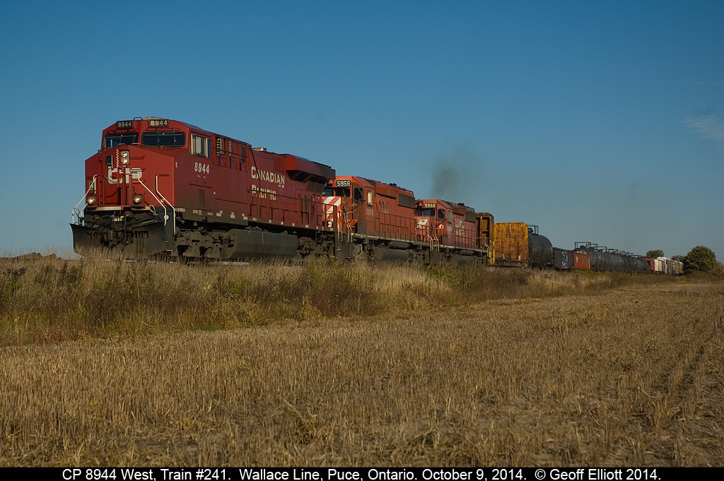Fall is here.  The soya beans are taken off and the afternoon light is beautiful.  CP 8944, with train #241 in hand, leads 2 old SD40-2 Soldiers, numbers 5956 and 5966, west as they approach Wallace Line just outside of Puce on a beautiful Fall afternoon.  Thanks to Jay Butler for the heads up.