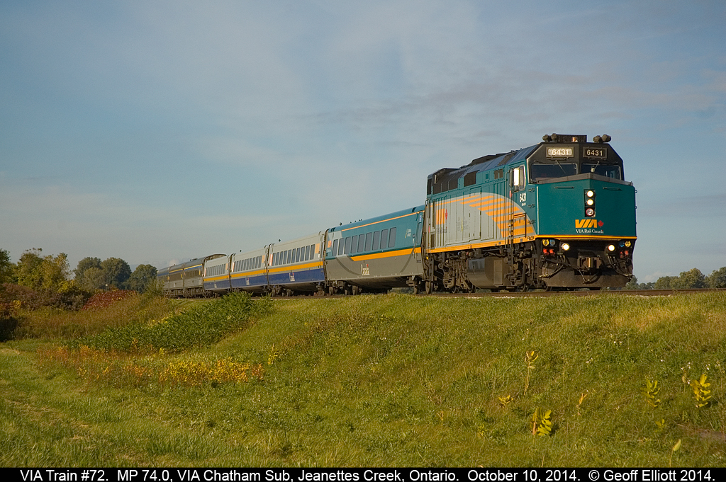 Nice Fall morning light adds a little color to the scene as VIA #72 makes good time as it speeds through Jennette's Creek this morning with a larger than normal consist including 4 LRC and 3 Stainless coaches.