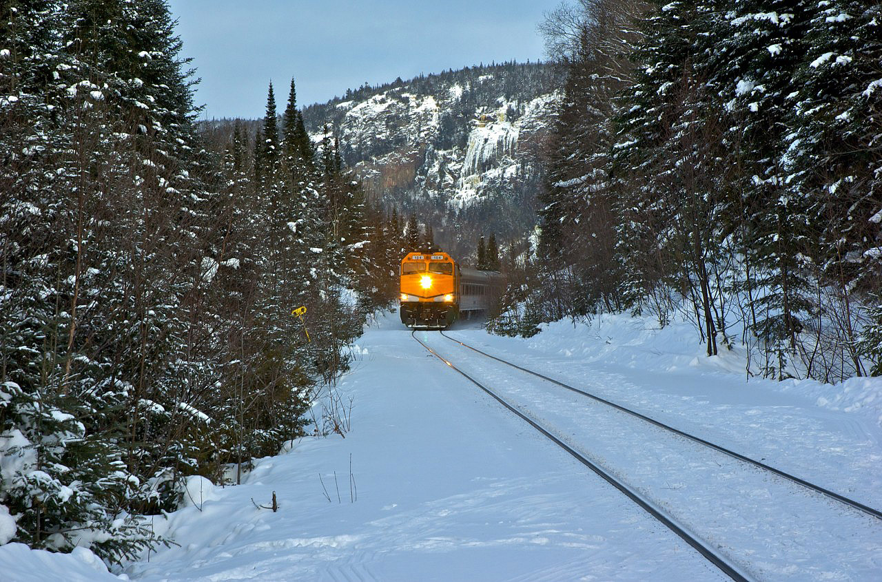 Algoma Passenger train climbs out of Agawa Canyon in the winter of 2011.
The Canyon is incredibly beautiful but also very unforgiving if you are unprepared.
Temperature at the time of this pic was approx. -35c