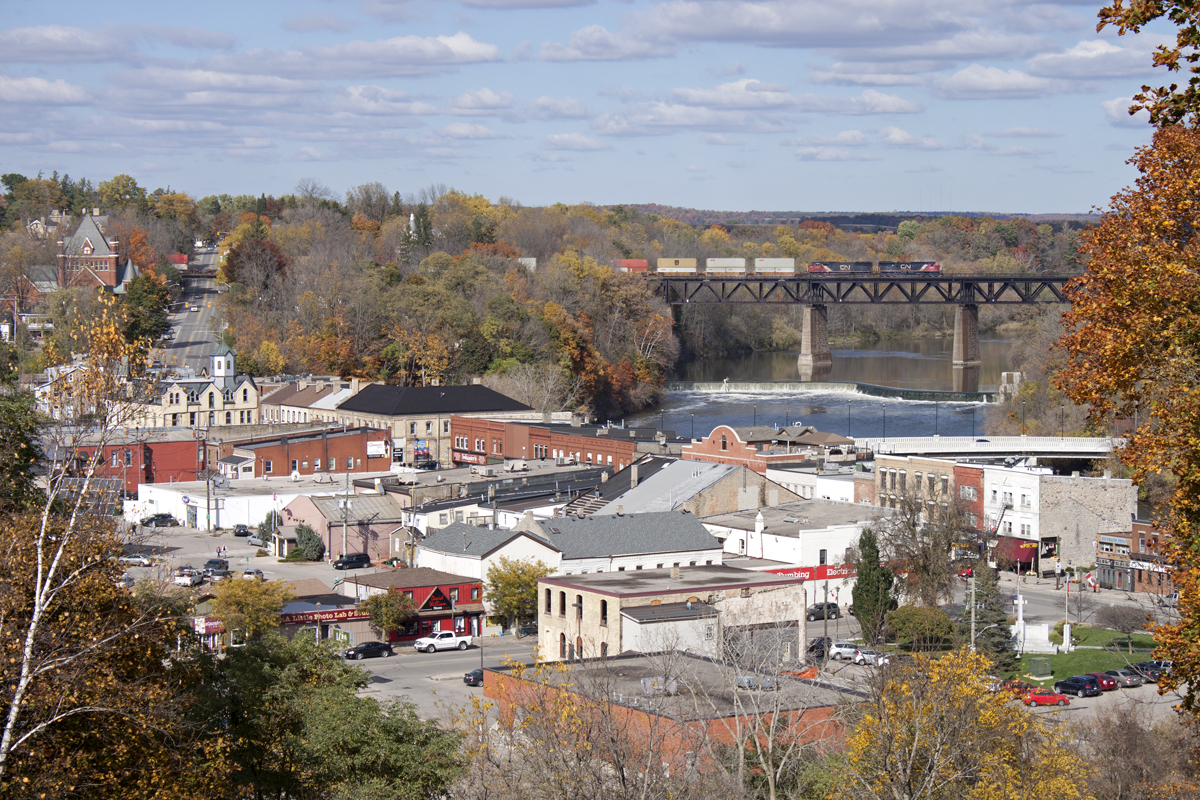 Chicago-Montreal train #148 soars over the town of Paris, ON.