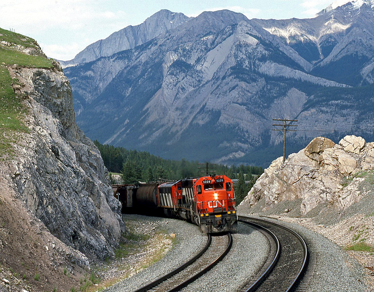 Winding around the bend in the shadow of the mountains, CN 5228 West splits the rock faces as it approches Jasper, Alberta at Mile 233 on the Edson Sub. GMD SD40 5228 is on the point with an unknown SD40-2W, and a rebuilt CN F7Aum still earning its keep (that is, a rebuilt F7 A-unit that was later converted into a B-unit with windows blanked off - they were the only F-units to receive the angular fuel tanks).