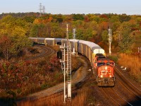 Not long after sunrise, CN 394 comes down the hill behind CN 5739-5433. I probably would have otherwise missed him, but the train had been delayed slightly at mile 5 after bringing CN 385's conductor from the head end to its' tail end to inspect the SBU after that train developed air problems and went into emergency. A broken valve in one of the locomotives was later found to be the cause. 