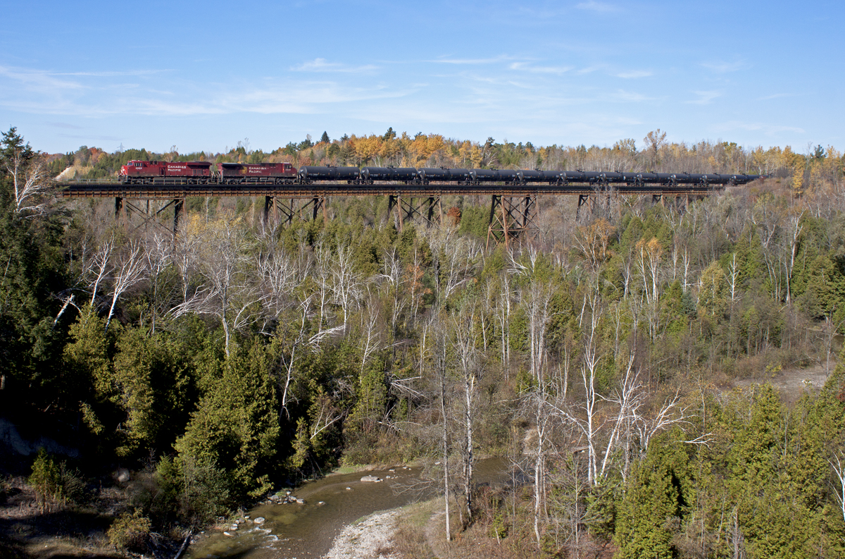 After making a set-off and receiving their MacTier Crew in Oshawa, CP 617 traverses the Cherrywood trestle on a brisk autumn afternoon.