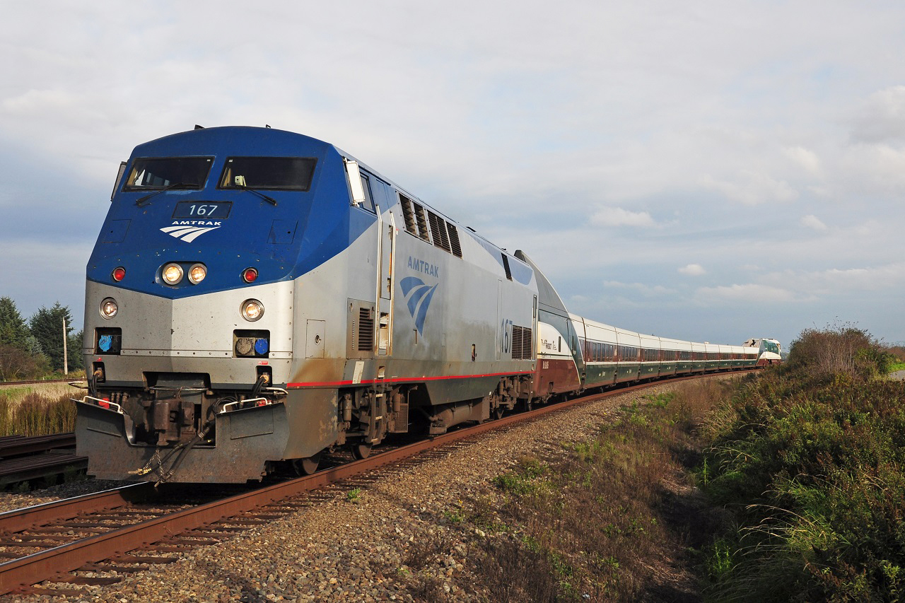 A 6-hour late Amtrak Cascades train rolling by Colebrook heading to Vancouver.