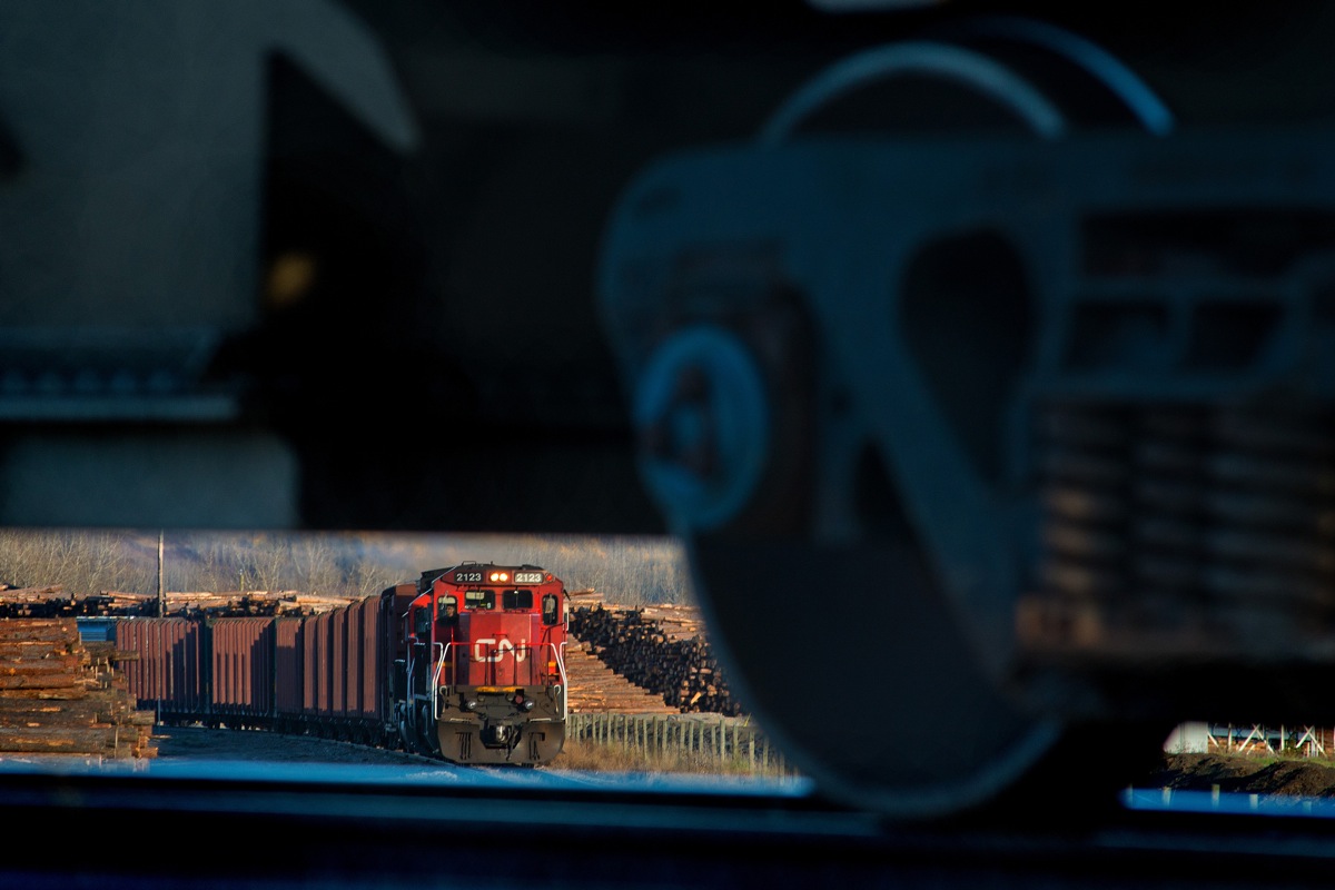 CN 2123 spots up some log cars in Taylor yard.