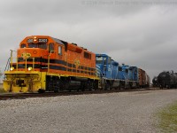 The Nanticoke Road Switcher goes about its morning duties of switching out cars for Imperial Oil in Garnet yard.  Leading the train this morning is the newest addition to the SOR, QGRY 2301 was transferred to the SOR a few weeks ago and is the first of many new units to be coming to the SOR to replace the GP20D's.  Two of four GP20D's that the SOR had are trailing 2301.  It appears that CEFX 2006 and CEFX 2014 are no longer on SOR property and it makes me wonder if this will have been my last time to photograph them on the SOR..