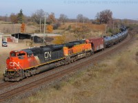 A series of interesting events happened today on the Dundas Subdivision this afternoon.  CN 393 with CN 2648 and CN 9574 stalled around Mile 8 with CN U711 right behind them.  711 ended up coupling to 393's tail end and giving them a shove up the hill to Copetown West where they cut off and carried on their way.  Pictured we see U711 passing Garden Ave outside of Brantford with CN 8016 and BNSF 5194 shortly after 393 had passed on the South.