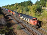 After waking up and receiving a notification via Yahoo FPON that Canadian National train U71091 has passed Georgetown, ON with a Burlington Northern Santa Fe locomotive trailing. I decided to take the opportunity and get this train in perfect light, at my most visited location Hilda. Just seconds after setting up to my luck, I hear the growl of the engines and see it round the bend with the advertised power. I hope I'll try a different location next time.  