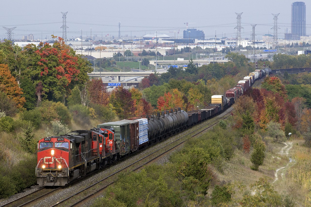 CN Mixed Freight barreling down the Halton Sub in the autumn.