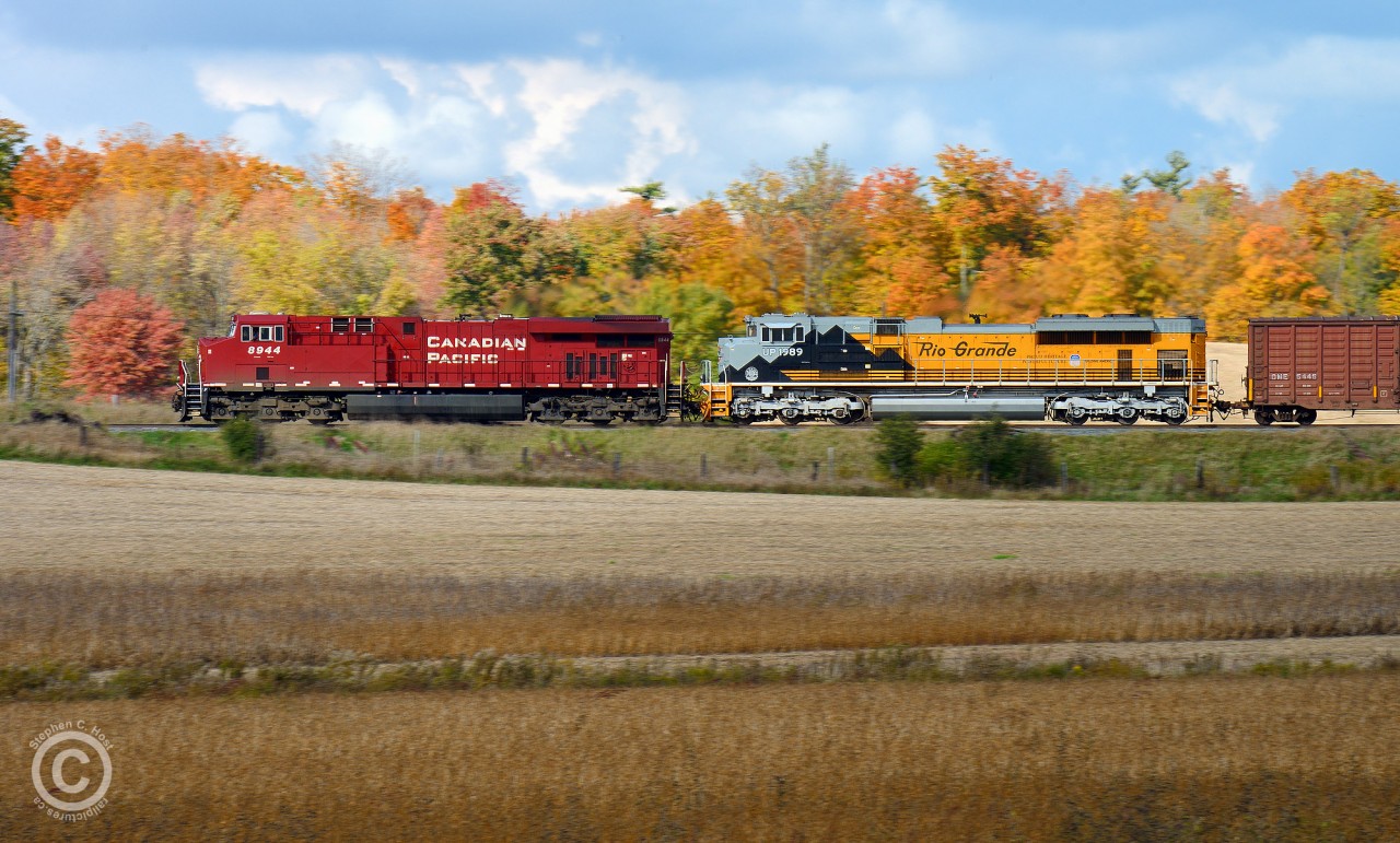 CP 641-061 is wasting no time at track speed between Puslinch and Killean, with clear signals. As I took this shot, T72 (Wolverton to Hagey turn) is taking the main at the west backtrack switch Galt, 641's clear signals will evaporate to restricting, forcing a complete stop at the signal for west switch Killean.
