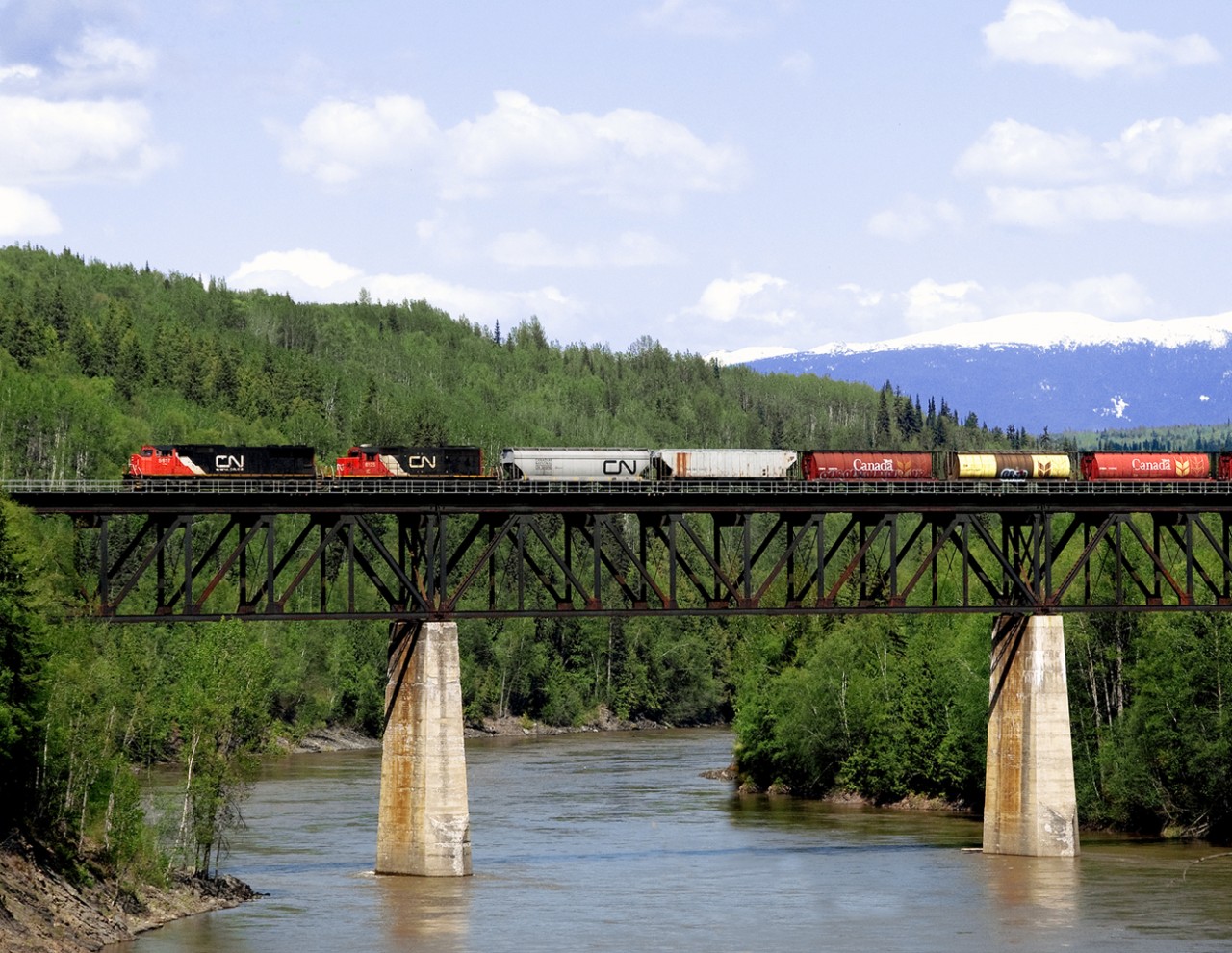 Prince Rupert bound grain loads train 835 crosses the Skeena River west of New Hazelton BC on the Smithers to Terrace Bulkley Subdivision