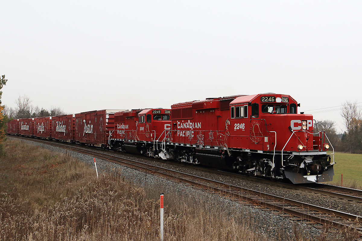 Equipment move of this year's Christmas train's with the GP20C-ECO's replacing the two GE's that normally lead the Christmas train. CP 2246 & 2249 take charge, I have to say they do look sharp.
