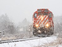 With 10 cars and wet rail OSR 8235 has no problem as it takes charge on route to Guelph.