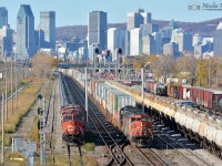 CN Q12031 01 pass on north track on the CN Saint-Hyacinthe Subdivision beside the CN U71091 01. In background, you can see the Montreal skyline.