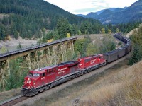 This westbound coal train is caught on CN track just north of Boston Bar behind CP units 8872 & 5018.