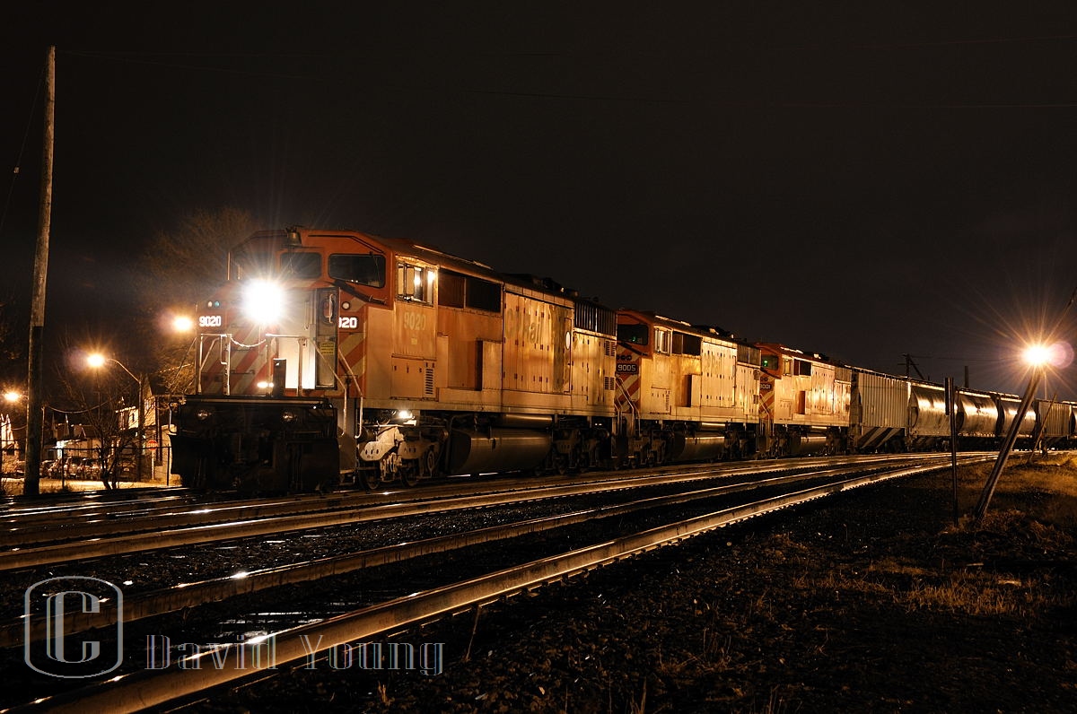 It's 00:22 ET, the local Thunder Bay crew's night is almost done. After completing their 147 mile run from Ignace the crew awaits further instructions to yard the balance of their train into the yard. Once yarded, the power will be sent to the shops where this trio of SD40-2F's will make a run around the wye and run back west on tomorrow's 441, bound for Winnipeg.