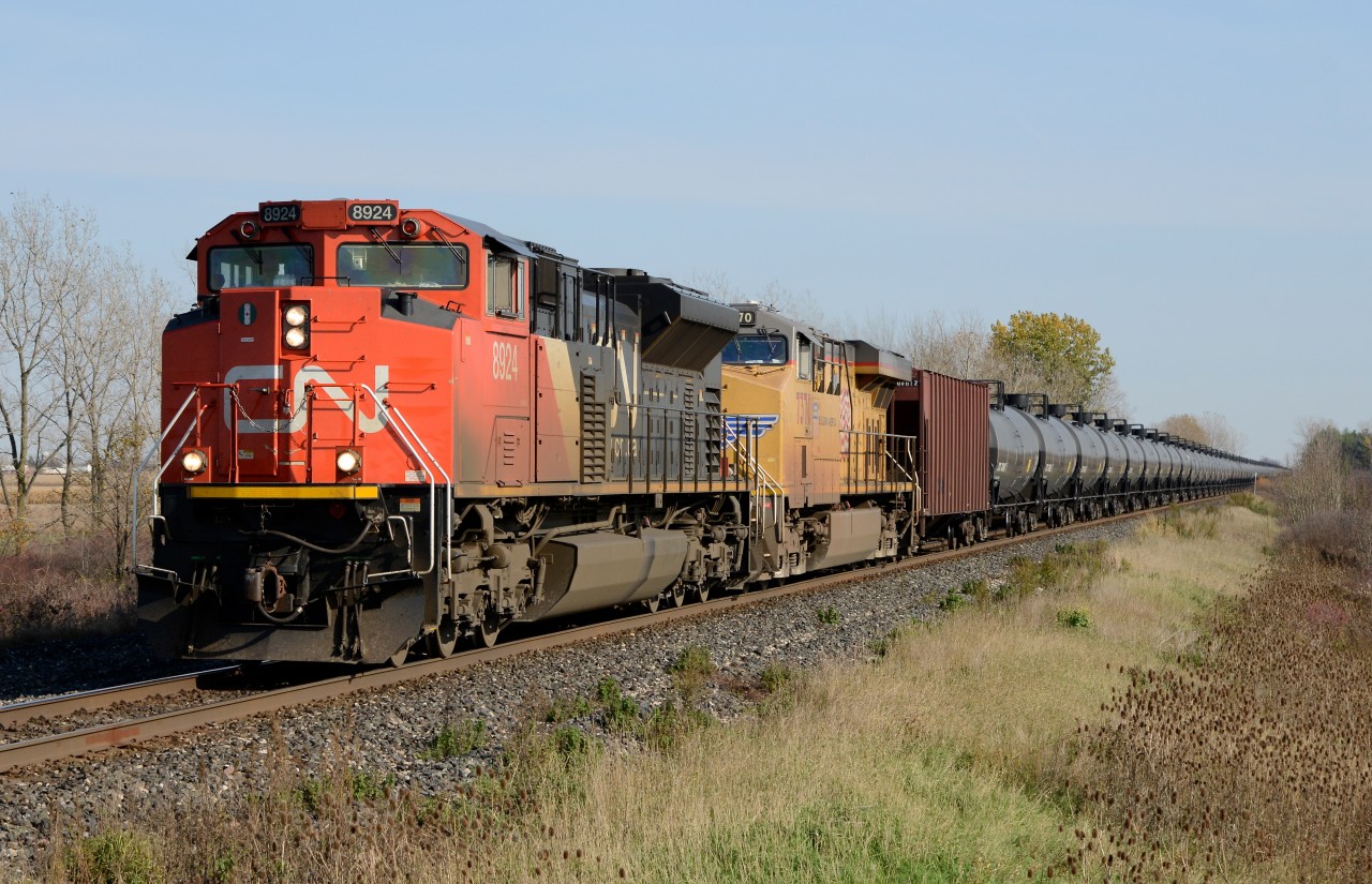 CN train 721 west bound at Fairweather Side Road with CN8924 and UP7370.