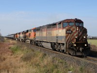 CN train 710 east bound at Fairweather Side Road with BCOL 4614 leading BNSF7132, BCOL4611(dead) and BNSF5490.