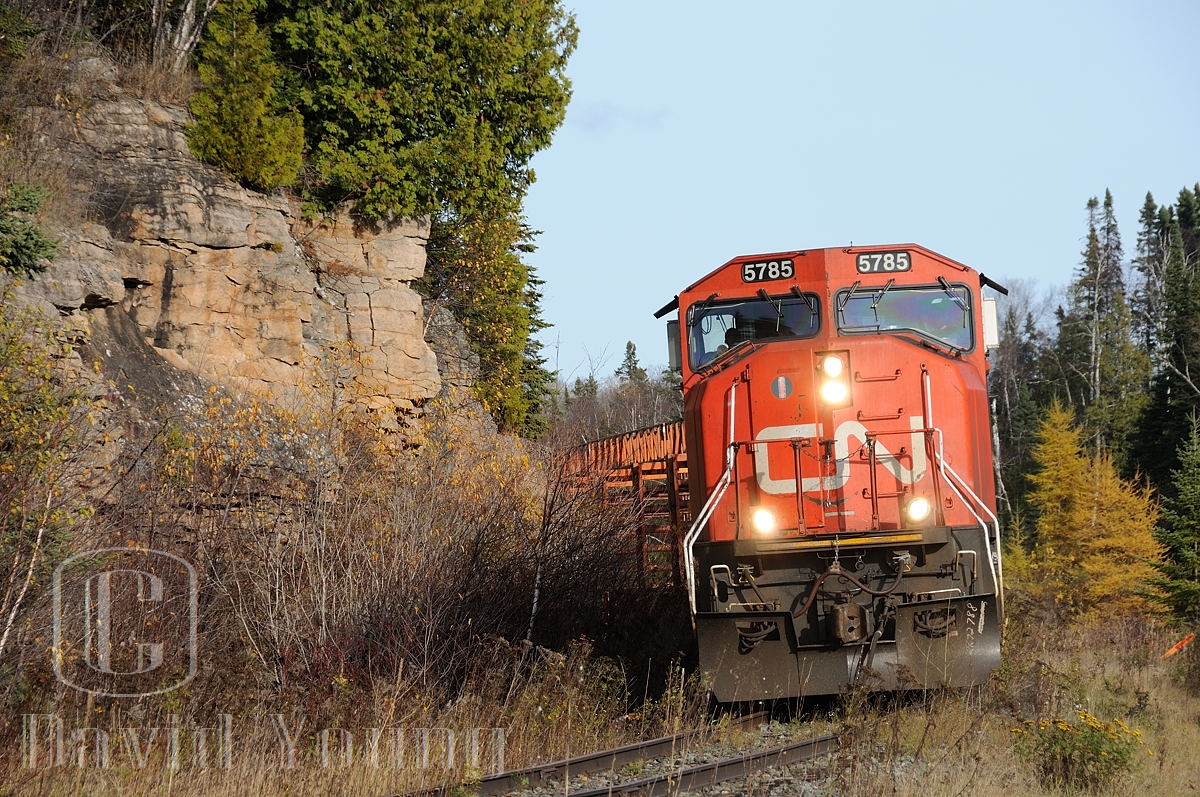 Although it may look like your typical shot of a train approaching, the reality is the engineer has left his lights on and is continuing on their 40 mile journey backing up to where the Kinghorn has been severed. A rather random spot in the middle of nowhere but no matter, here we get a small sample of what the terrain was like around this portion of the line. A rather scenic line that passed through picturesque vista's and rock cliff's, now torn up.