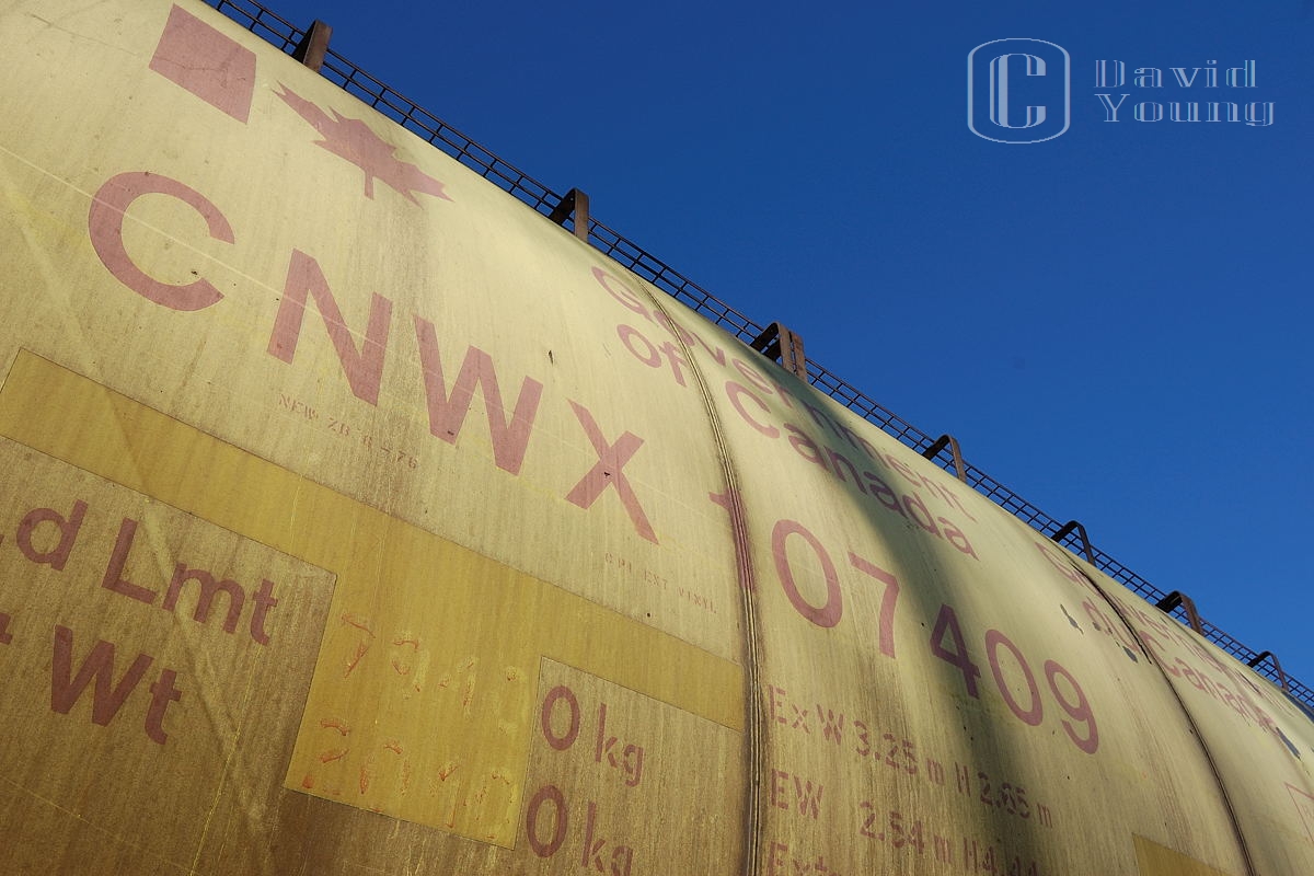 Intimate encounters in Northern Ontario. Along the defunct CN Kinghorn sub sat hundreds of stored aluminum hoppers, nicknamed "Lemon Limes" these cars designed for light branchline use had worn out their usefulness and worth more to scrap then repair. Here cars like CNWX 107409 sit stringed together, snowed in, in the middle of the bush northeast of Thunder Bay, in Shuniah Township await their fate. Paint fading, initials wearing off these cars will sit for another month and a half when a couple of CN extra's will be dispatched out of Thunder Bay to bring them into Port Arthur yard to be scrapped on site.