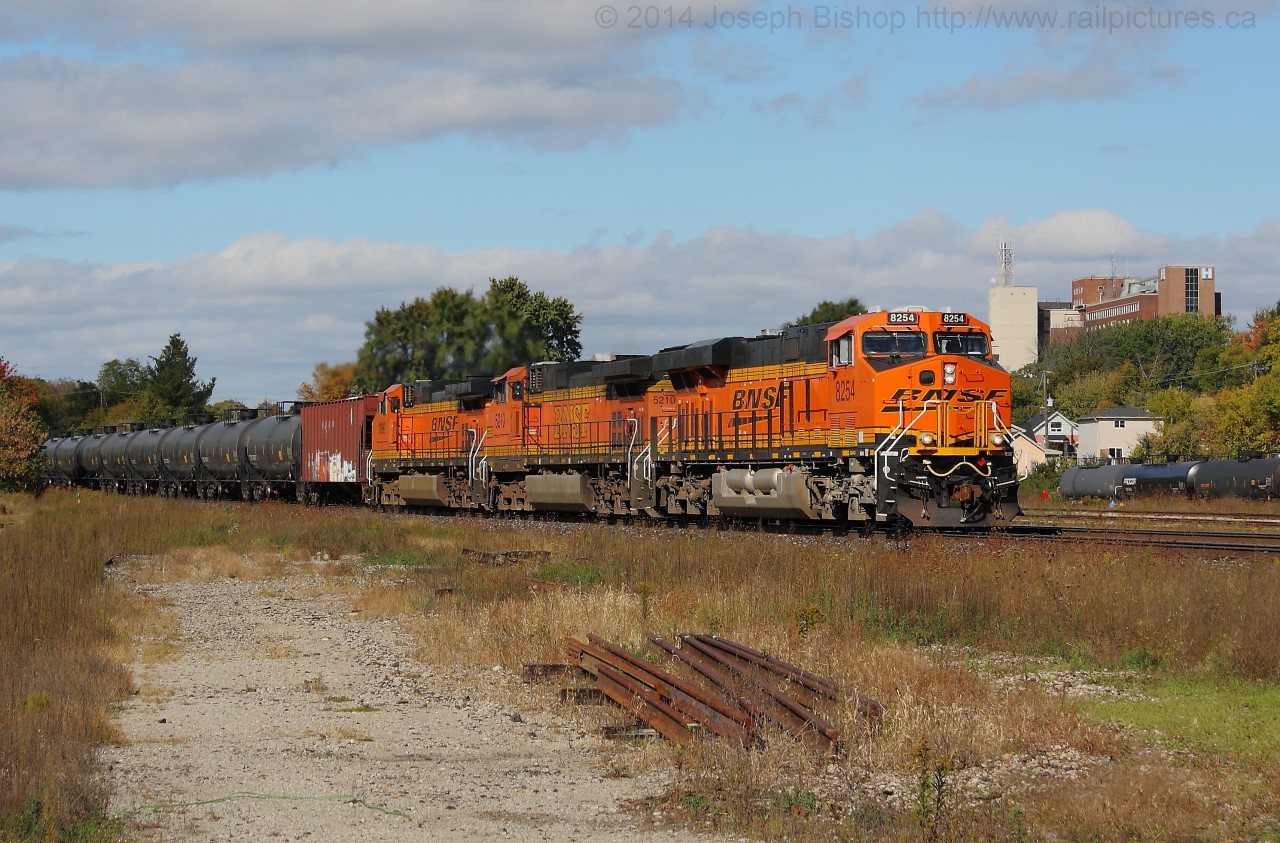 CN U720 is lead through Brantford on a sunny October morning with BNSF 8254, BNSF 5210 and BNSF 1096.