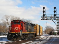 CN 2117 leads train 331 under the signals at Brantford on a nice November afternoon.  