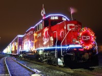 CP 01H rests in Lambton Yard, on their final show of the day in Toronto. In the next week or so, this train will be all the way on the west coast of Canada. The purpose of this train is for spectators to donate non-perishable food items for local food banks at the show. Admission is free. Visit www.cpr.ca for the Holiday Train schedule.