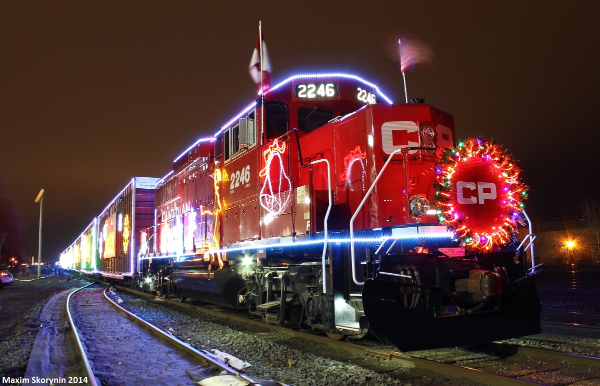 CP 01H rests in Lambton Yard, on their final show of the day in Toronto. In the next week or so, this train will be all the way on the west coast of Canada. The purpose of this train is for spectators to donate non-perishable food items for local food banks at the show. Admission is free. Visit www.cpr.ca for the Holiday Train schedule.