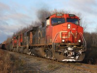 A late CN 120 heads out of Moncton for HIT and the yard at Halifax, NS.