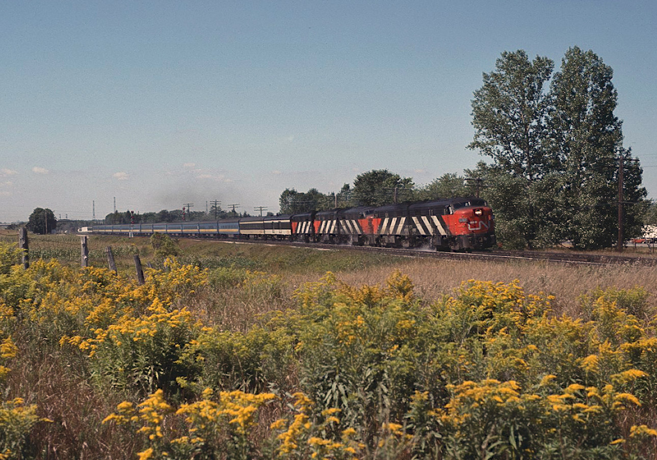 Pete Newman's posting of the 5 FPA's twigged my memory.  Sure enough, here is the same train from a different angle.  
CN train 62 from Toronto to Montreal had a heavy consist due to an Air Canada strike. All equipment was put into service as "the flyers" flocked back to railway stations.  The strike lasted about one week, and provided some exceptional consists. 
Needless to say, the sound of 62's passage was amazing.