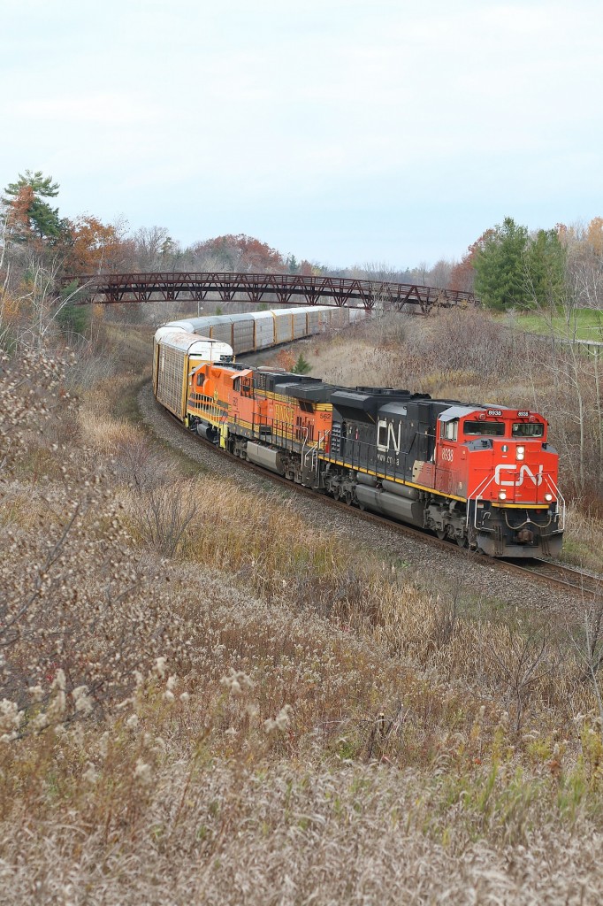 Autumns colours maybe almost history at mile 30 but they are alive and well in the consist of 399 this day, in the form of a BNSF GE and New England Central GP38 2048 (rebuilt from a GP40). The NECR unit was in transit from Butler, Pa to Vermont but has taken a wrong turn at Toronto and is heading west again. The shot here is parallel to the new golf course and was once a popular hang out for many railfans including those from the Georgetown Railfan Society
( not an official group :)