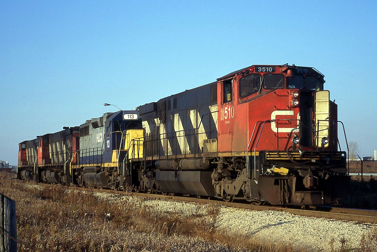 Southern Ontario Railway began operating the CN Hagersville Subdivision on September 20, 1997. Less than 2 months after start up, SOR was using leased CN 3510, HLCX 113, CN 3569, and CN 3519 to switch the Imperial Oil (Esso) refinery at Nanticoke.