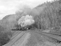 Here she comes! The train is heading through the scenic Forks of Credit area as the engines battle the steepest part of the grade up to Cataract all three are working hard.  