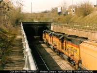 "Down the Tubes".... CSX 6841 leads two of it's Chessie sisters into the darkness of the westbound tube of the former NYC/PC/Conrail Detroit River Tunnel.  R321 will emerge on the U.S. side of the river shortly with it's train as it heads for the former C&O Rougemere Yard in Dearborn, Michigan.