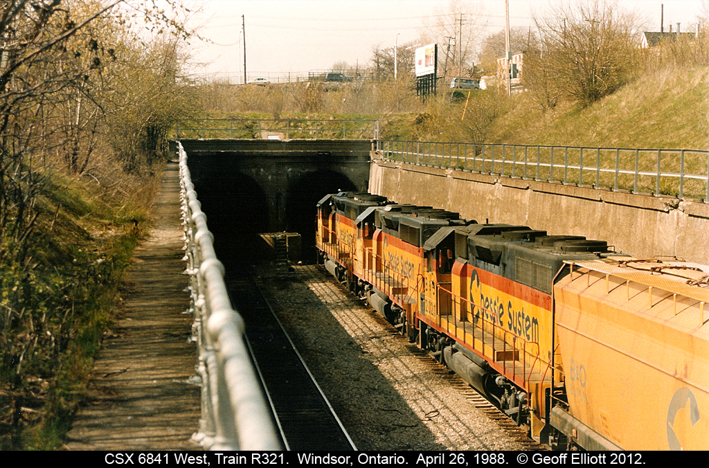 "Down the Tubes".... CSX 6841 leads two of it's Chessie sisters into the darkness of the westbound tube of the former NYC/PC/Conrail Detroit River Tunnel.  R321 will emerge on the U.S. side of the river shortly with it's train as it heads for the former C&O Rougemere Yard in Dearborn, Michigan.