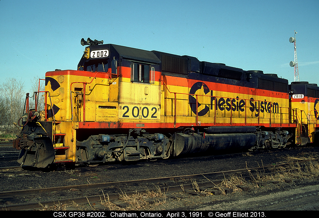 Finally a shot of the Conductor's side of CSX 2002 as she rests on the engine service track, along with CSX 2010, in Chatham, Ontario on April 3, 1991.