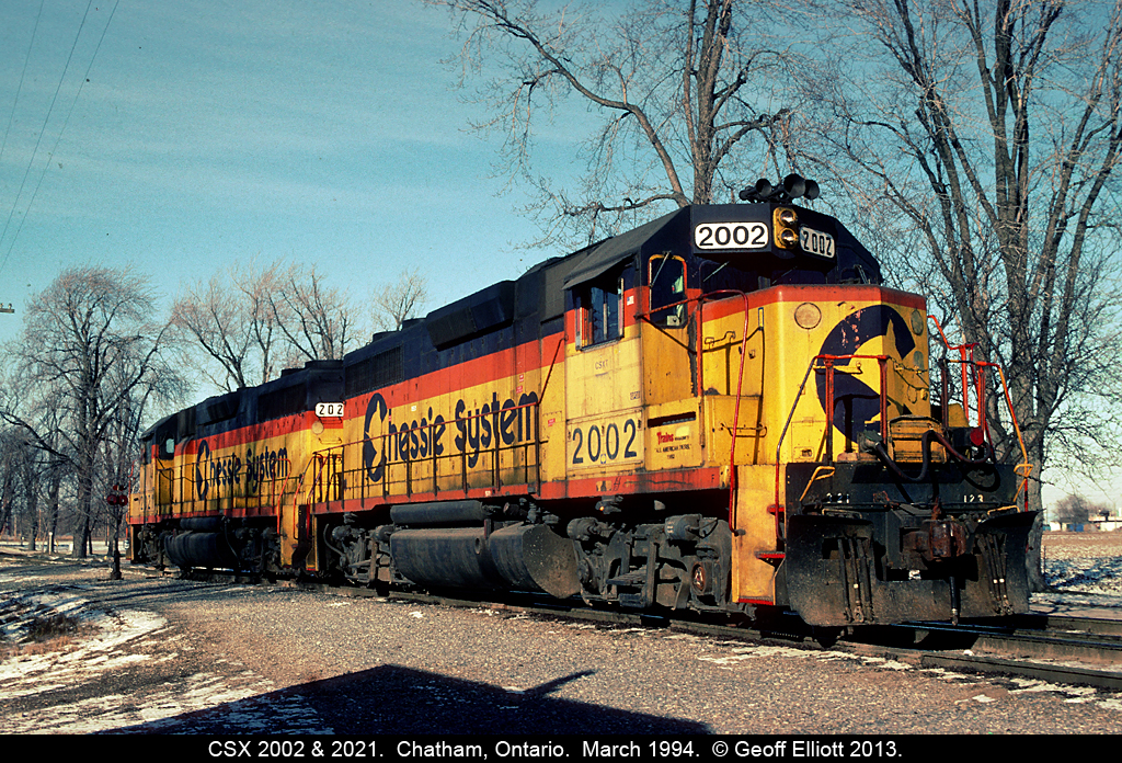 CSX 2002, former B&O 3802 "Trains ALL American Diesel", isn't so "American" today as it, and CSX 2021, switch the old C&O yard in Chatham, Ontario in March of 1994.  2002 spent much of it's fading years working the Canadian Division, and was always a favourite of mine to catch working.