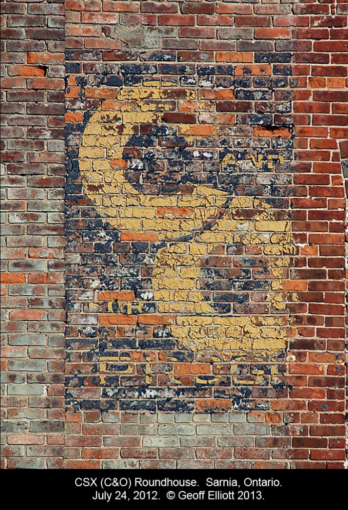 Looking a little 'worse for wear', the C&O emblem still adorns the CSX Enginehouse in Sarnia, Ontario.  It maintains the heritage of the site nicely, but time and weather are not friendly as this sign of the past slowly falls into the category of a 'memory'.......