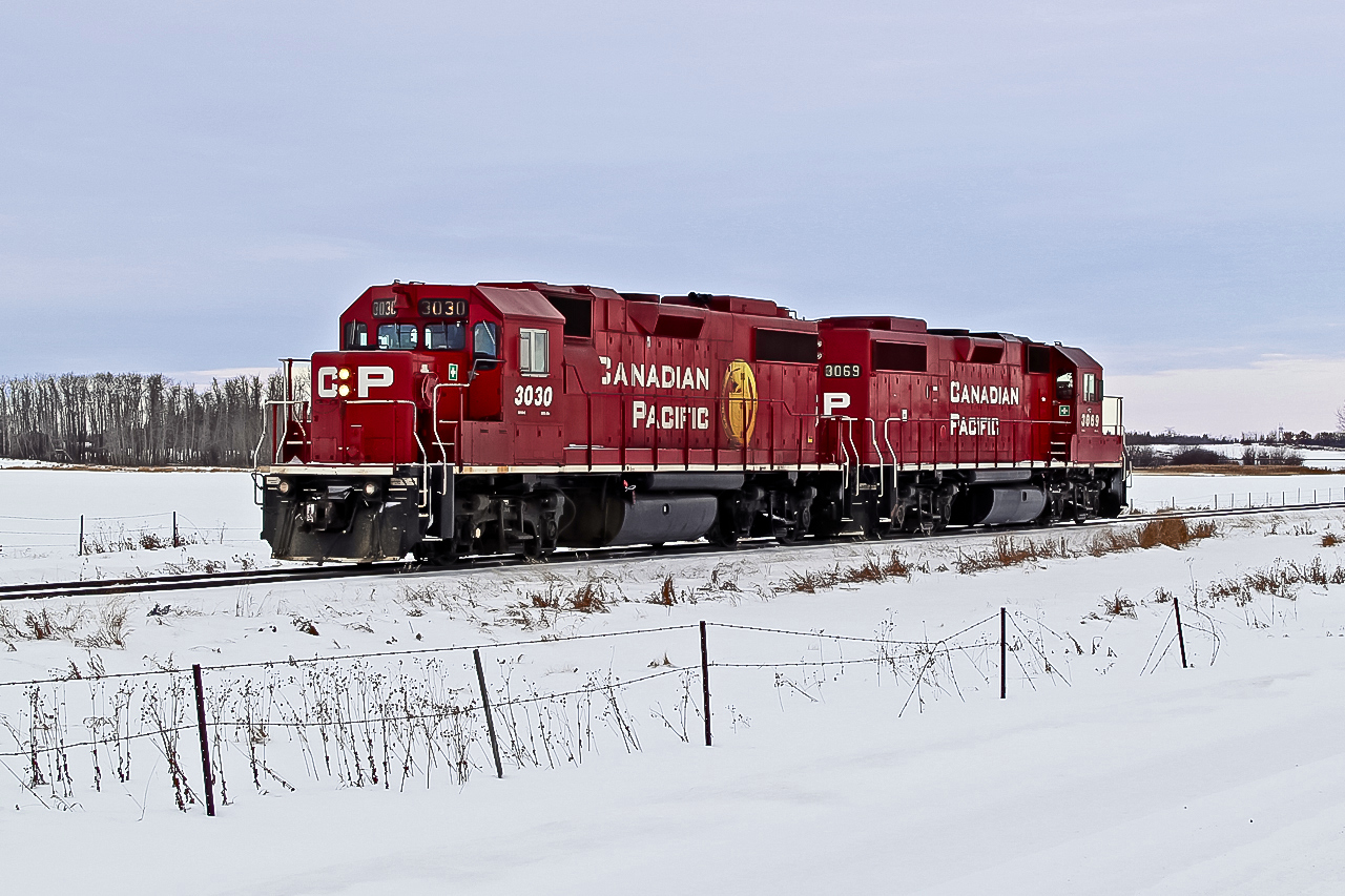 GP 38-2's CP 3030 and 3069 head south from Scotford running light engine.