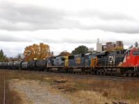 332 rolls through Brantford on the first day of November with CN 2840 - CSXT 8728 - CSXT 7902 and 101 cars
