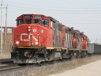 CN 4775 leads two GP9s and a short train towards the Woodstock VIA station on a pleasant spring afternoon.