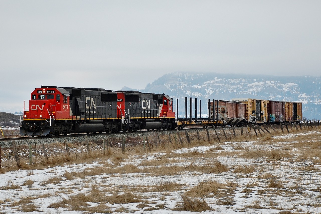On a typical Okanagan winter's day CN nos.5475 & 5448 are heading south through Spallumcheen with the local freight.