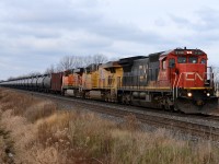 CN2130 leads UP7370 and BNSF7609 east out of Sarnia at Waterworks Road.